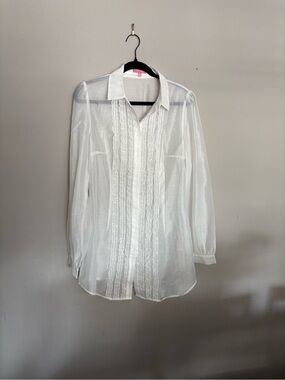 Sugar Thrillz White Sheer Lace-Trim Button Down Blouse